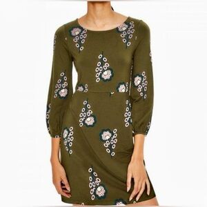 Boden Olive Green Retro Pink Floral Long Sleeve Dress size 8 lightweight summer